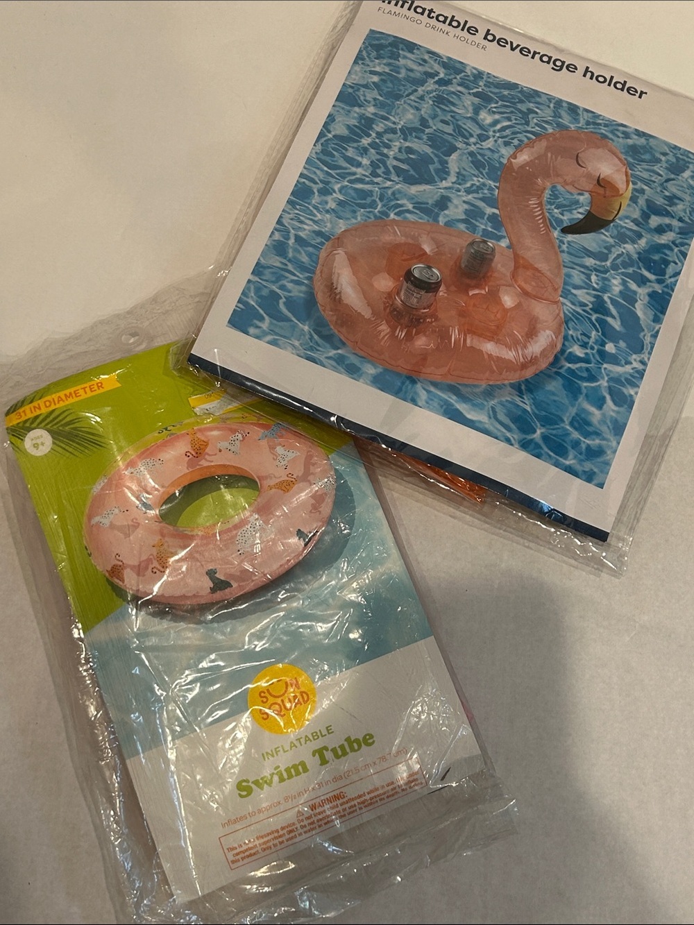 Inflatable Flamingo Beverage Holder + Pink Wildcat Swim Tube bundle set new girl